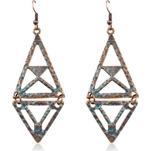 "Hollow Two Triangle Drop Earrings Geometry Rhombus Pendant Earrings Personality Bronze Vintage Ethnic Ear Summer accessories