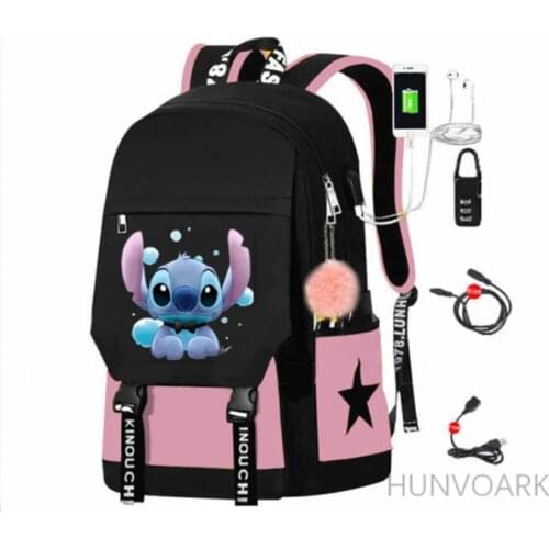 Disney - Kawaii Stitch Backpack with Zipper and USB Charger for Teenage Girls, Kpop School Bag for Women