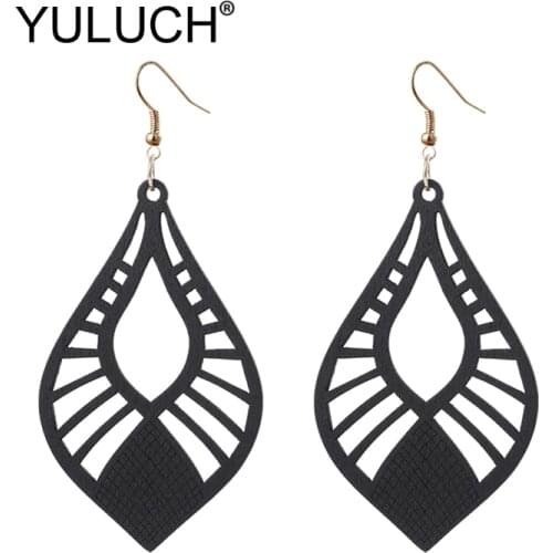 YULUCH Personality Women Black Pendant Earrings Fashion Jewelry 2019 Hollow Geometric Natural Wood Long Earrings For Lady Party