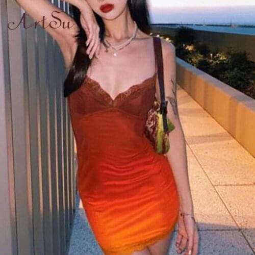 Artsu Vintage Tie Dye Deep V-neck Lace Trim Cami Dresses Fashion Sexy Spaghetti Strap Bodycon Mini Dress Clubwear 42000
