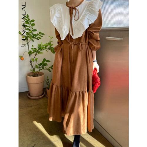 SHENGPALAE 2021 Spring Female Loose Casual Peter Pan Collar Panelled Long Sleeve Minimalist Lace Up Pleated Ruffles Dress 8Q812