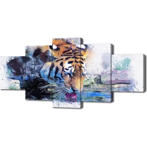 Modern Canvas Painting Drinking Water Tiger Posters and Prints Wall Art Picture for Living Room Home Decor with Frame