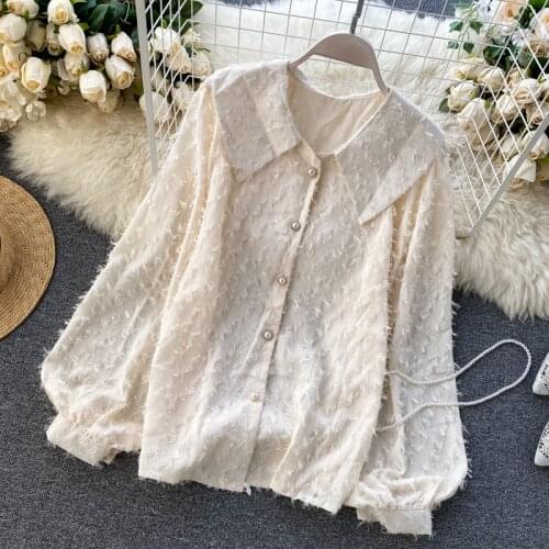 Super Sweet Big Turn-down Collar Fury Women New Puffy Sleeve Blouse Chic 2020 Spring Shirt Top