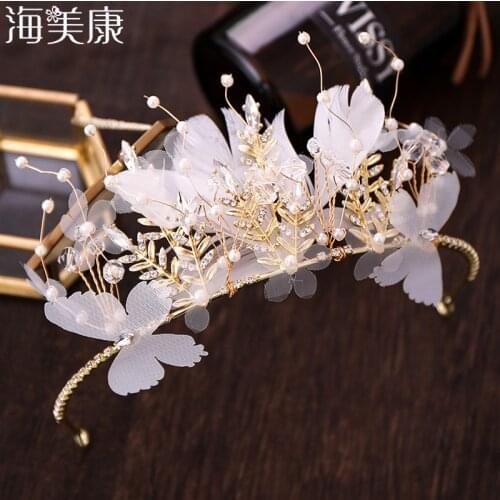 Haimeikang Light Pink Bride Wedding Crown Feather Tulle Butterfly Adorn Pearl Rhinestone Headband Banquet Tiara Hair Bands