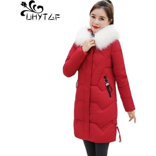 UHYTGF Loose 3XL plus size cotton coat fur collar hooded slim down jacket casual warm winter jacket Korean wild Parker women1037