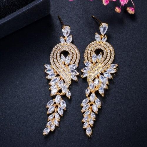 ThreeGraces Nigeria Women Gold Color Jewelry Zirconia Stone Marquise Shape Big Long Dangle Wedding Earrings For Bridal ER301