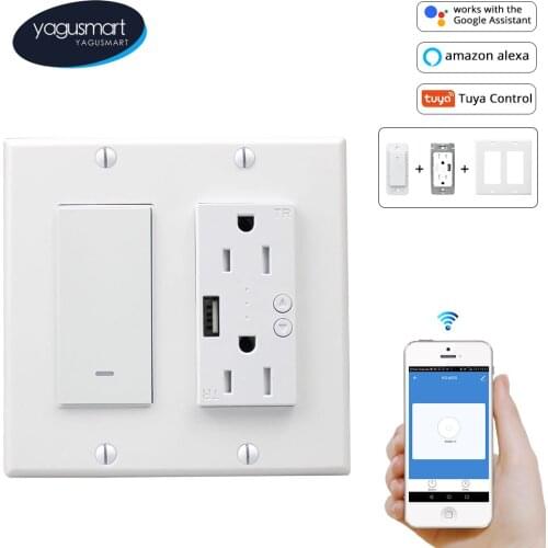 Yagusmart Smart Light Switch with USB Wall Socket Tuya WiFi 110v US Electrical Plug Outlet Remote Control with Alexa Google Home