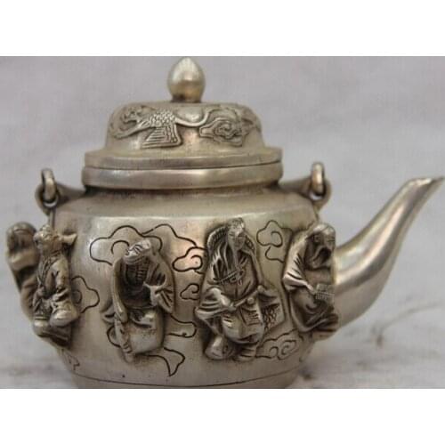 USPS to USA S0705 4 China White Copper Silver Eight Immortals Buddha Crane kettle Wine Pot Teapot