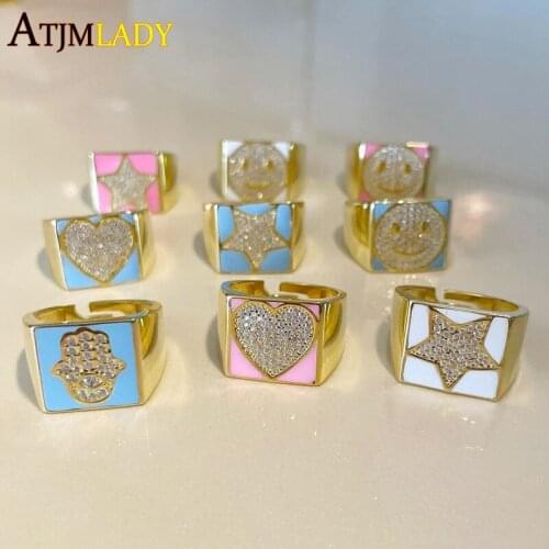 Rose Gold Vermeil Women Open Finger Ring Micro Pave Smiley Face Hand Star Heart Shape CZ Neon Enamel Colorful Engagement Jewelry