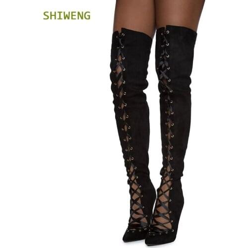 Women Sexy Cross-tied Over The Knee Boots Fashion Thigh High Boots Lady Runway Catwalk Pointed Toe High Heel Shoes Spring 2021