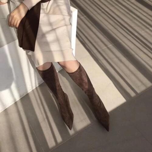 Flock Women Knee High Heels Boots Slip On Sock Boots Soft Shoes Comfortable Autumn/Winter Booties Thin High Heels Elastic