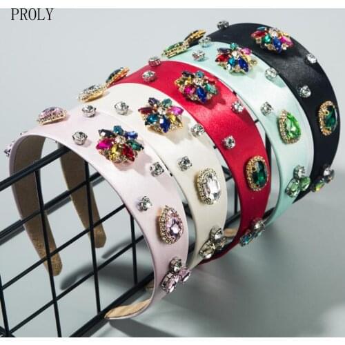 PROLY New Fashion Baroque Headwear Women Vintage Rhinestone Glass Drill Hairband Wide Side Flower Headband Adult Hair Accessory