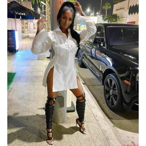 Women Solid Color Side Slit Long Sleeve Button Up Sexy Blouse Dress Sexy Club Party Streetwear Shirt Dresses