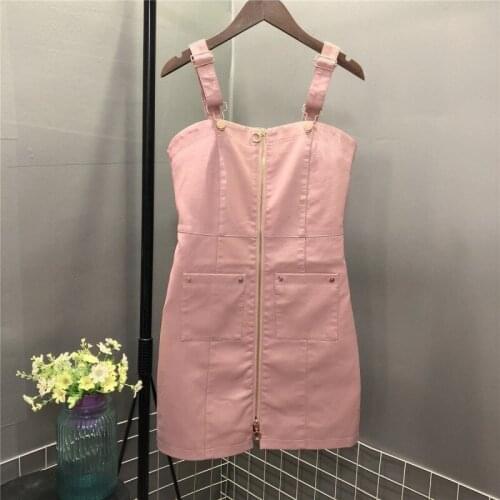 2020 New Spring Women Pu Leather Straps Dress Zipper Casual Slim Fit Mini Length A Line Dress Female Pink Leather Sling Dresses