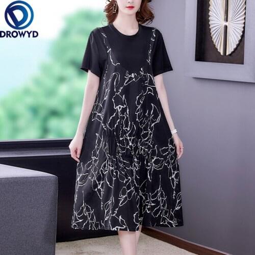 2021 Vintage Loose Dresses Summer O-neck Short Sleeve Black Print Chiffon Beach Midi Dress Elegant Women Bodycon Party Vestidos