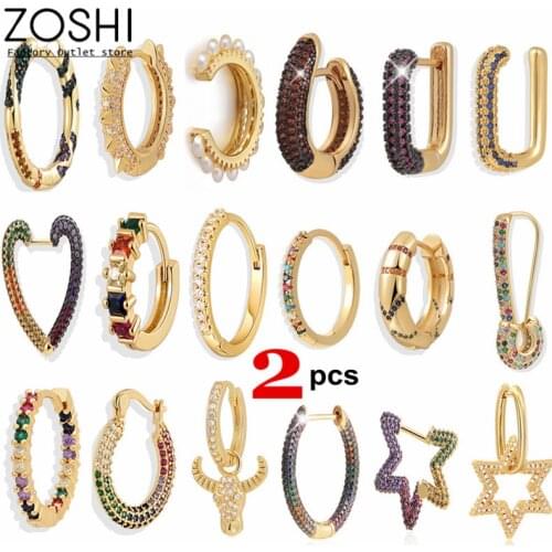 2pcs/set 2021 New Geometric Hoop earrings for women CZ Copper Gold Color Rectangle Earring rings Circle Heart big/small earring