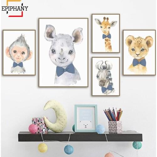 Baby Animal Prints Nursery Art Bow Tie Animals Baby Giraffe Monkey Rhino Nordic Kids Room Posters Watercolor Painting Pictures