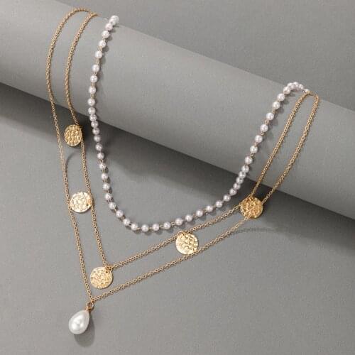 Docona Fashion Beaded Pearl Necklace for Women Charms Multi-layer Gold Sequins Tassel Choker Bohemian Jewelry Collar 18701