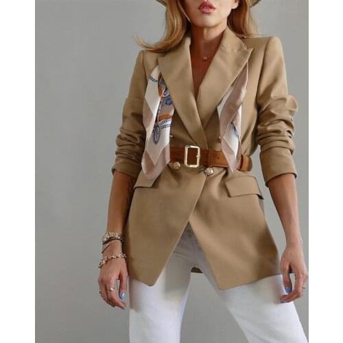 Khaki Double Breasted Blazer Women Autumn 2021 Belt Sashes Suit Ladies Blazers Femme Vintage Jacket Tops Coat Blazer Feminino