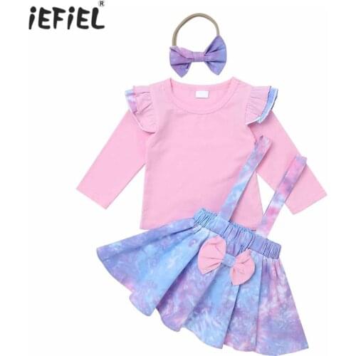 Newborn Baby Girl Clothes Set Autumn Puff Long Sleeve Tops Tie-Dye Suspender Skirt Bowknot Hair Hoop 3Pcs Outfit Baby Clothing