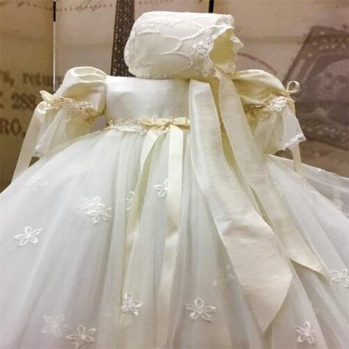 Lace Flower Girl Dresses Christening Dresses For Baby Girls With Hat Jewel Neck Pearls Long Baptism Dress Taffeta First Communic