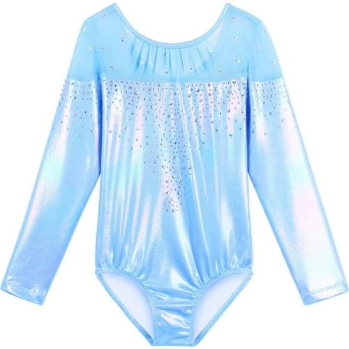 BAOHULU Toddler Teens Girls Gymnastics Leotard Sequin Gradient Blue Ballet leotard Long Sleeve Dance Wear Performance Costumes