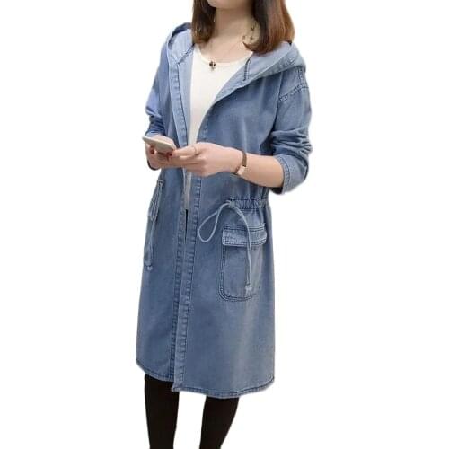 New Spring Autumn Hooded Denim Jacket Plus Size Women Fashion Long Basic Outerwear Womens Casual Bomber Overcoat Trench Coat 4XL
