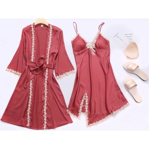 Women Nightdress High Quality With Chest Pad Ice silk Home Wear lace Nightdress Thin section Summer New Adult Suspender Pajamas