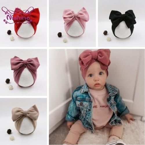 Nishine Double Layer Bowknot Baby Girls Elastic Hats Solid Color Handmade Bows Toddler Cap Kids Headwear DIY Clothing Decoration