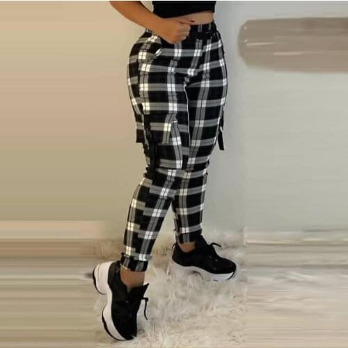 New Spring Fashion Women Clothes Plaid Pocket Design Trending Checked Loose Long Casual Cargo Pants Daily Wear Pantalon LZS1063