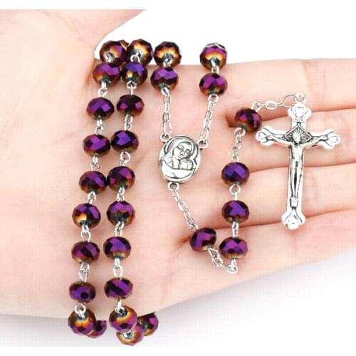 New 2021 Vintage Virgin Mary Cross Pendant Rosary Necklace Purple Glass Crystal Beads Catholic Prayer Religion Jewelry