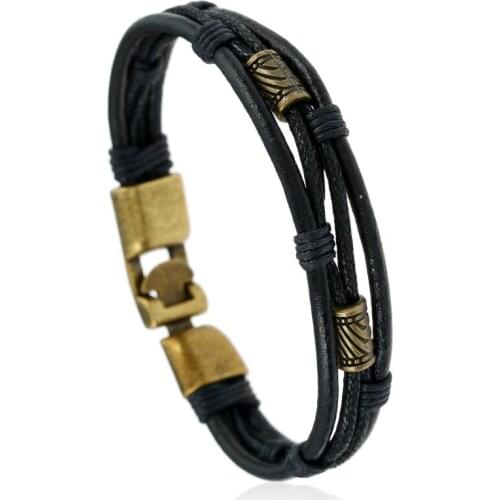 New bracelets men 2017 Hot fashion jewelry cow leather wax rope Bronze Charms Black Bracelet mens Vintage Bracelets & Bangles