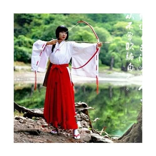 New Popular Anime Inuyasha Cos Kikyou Cosplay Halloween Kimono Miko Clothing Full Set 5in1(Top+Pants+Belt+Bow-knot+Red string)