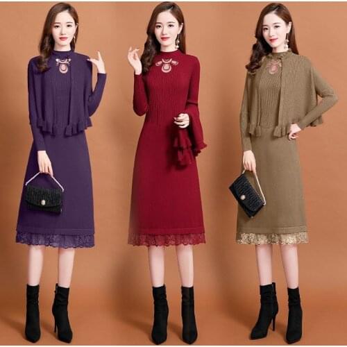2021 Autumn Winter Women Sets Knitted 2 Piece Set Knit Sweater Cardigan + Lady Hollow Knitting Dress Suit Womens Outfits X129