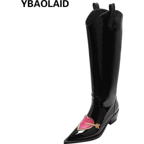 Autumn and Winter New Pointed Patent Leather Medium Thick Heel But No Knee High Boots Solid Color V-mouth Love Knight Boots