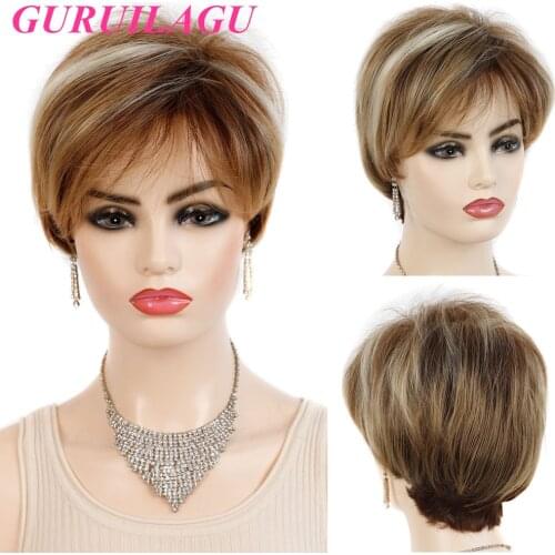 GURUILAGU Short Straight Hair Synthetic Wig Brown Blonde Wig Pixie Cut Wigs for Women Natural Wig With Bangs Heat Resistan Fiber
