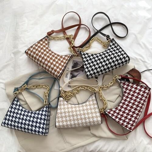 Vintage Plaid Pattern Messenger Bag Women Casual PU Leather Thick Metal Chain Shoulder Handbags Portable Shopping Money Purse