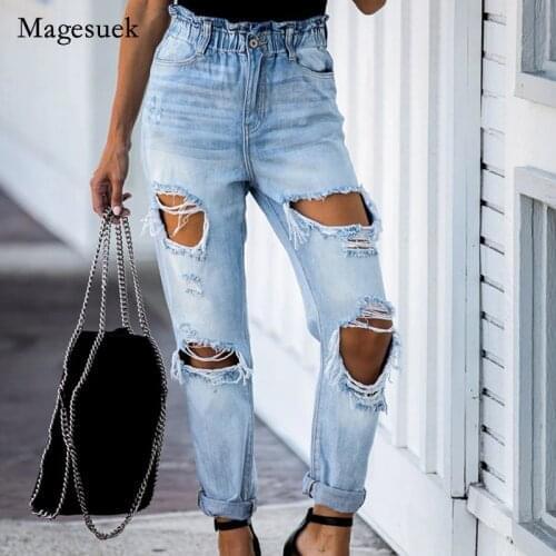 Elastic Waist Denim Jeans for Women Pencil Pants Ripped Jeans Boyfriend Solid Jeans Vintage Washed Pants 2021 Autumn New 16282