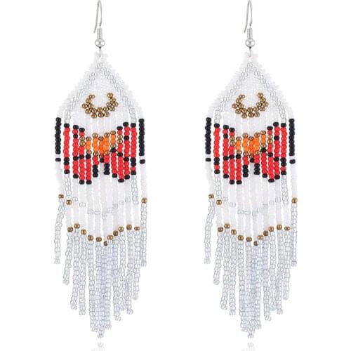 Handwoven Beaded Fringe Brick Stitch Earrings for Women Bowknot Pattern Long Earrings Bohemian Seed Bead Chain Tassel Bow #H38F