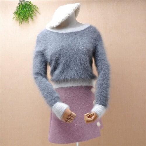 Ladies women fahsion hairy mink cashmere knitted long sleeves slim bottoming short style pullover mink fur winter jumper sweater