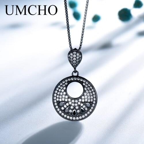 UMCHO Black Punk 100% 925 Sterling Silver Round Gemstone Girl Pendant Necklace For Women Party Rock Fashion Fine Jewelry
