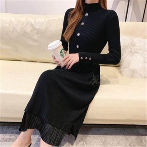Womens Knit Dresses Spring Autumn Women Dress Single Breasted Officer Ladies Sweater Large Size Loose Female Knit Sweater Belt