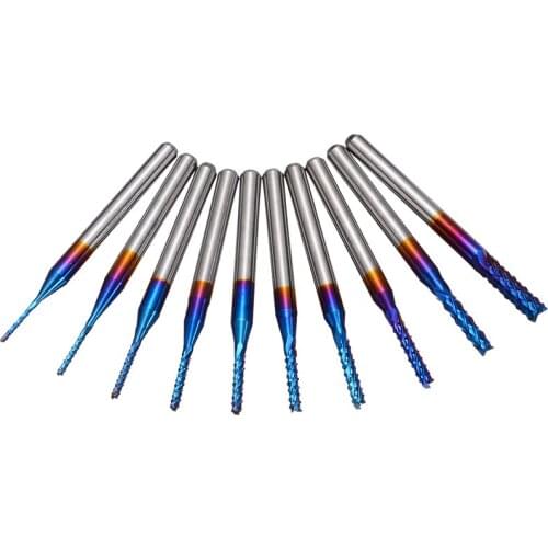10pcs 0.8-3mm 1/8" Nano Blue Coat End Mill CNC Router Bits for PCB CNC SMT Machine Carbide Steel Milling Tools