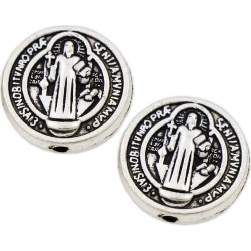 20pcs Zinc Alloy Round Saint St Benedict of Nursia Patron Against Evil Medal Beads 14.5x14.5mm L1792