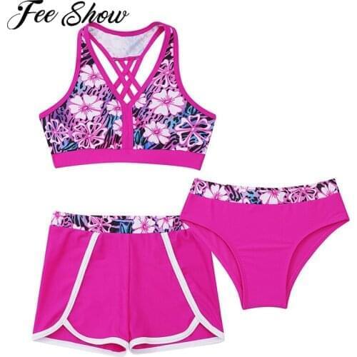 3Pcs Kids Girls Swimwear Print V Neck Sleeveless Open Back Crop Tops with Briefs and Shorts Set Beach Pool Swimming Bathing Suit