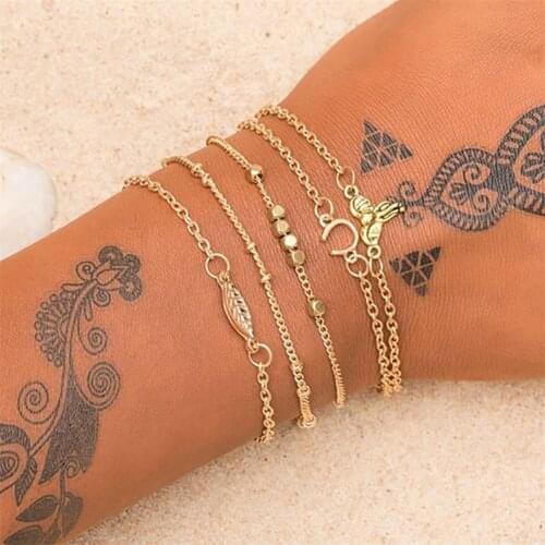 5Pcs/Set Fashion Women Elephant Cube Leaf Pendant Chain Anklet Bracelet Jewelry