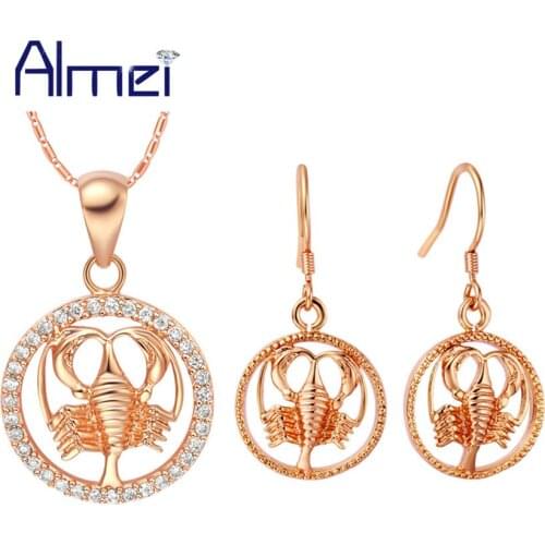 Almei Wedding Rose Gold Color Crystal Costume Jewelry Set for Women 12 Constellations Necklaces & Earrings Sets Joyas T394