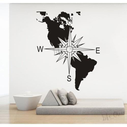 America Continent Map Wall Art Decal Murals Navigation Compass Design Map Removable Wall Stickers America Direction Sign Decal