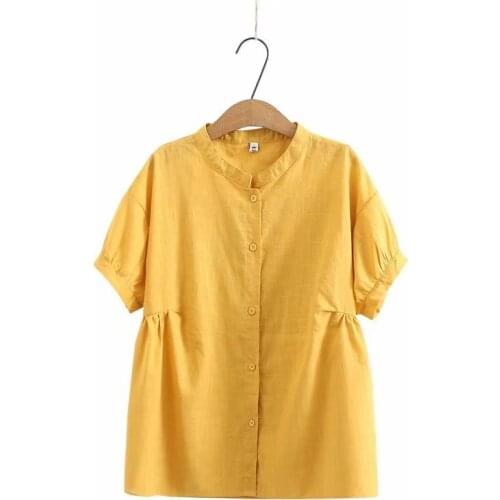 Plus size stand collar cotton linen women loose tshirts 2021 new summer casual ladies short sleeve t shirts female tops