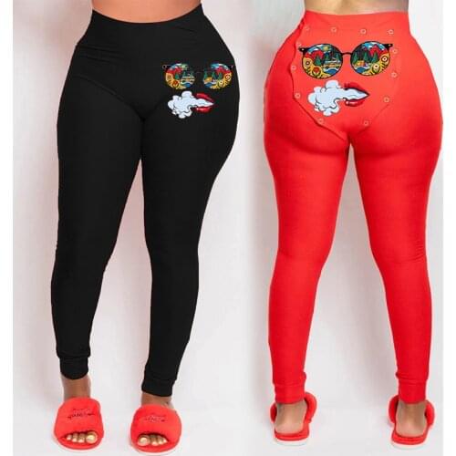DSMTRC 2021 Spring Hot Sale Woman Fashion Butt Flap Button Trousers High Waist Funny Printed Hip-lifting Sport Pencil Pants New